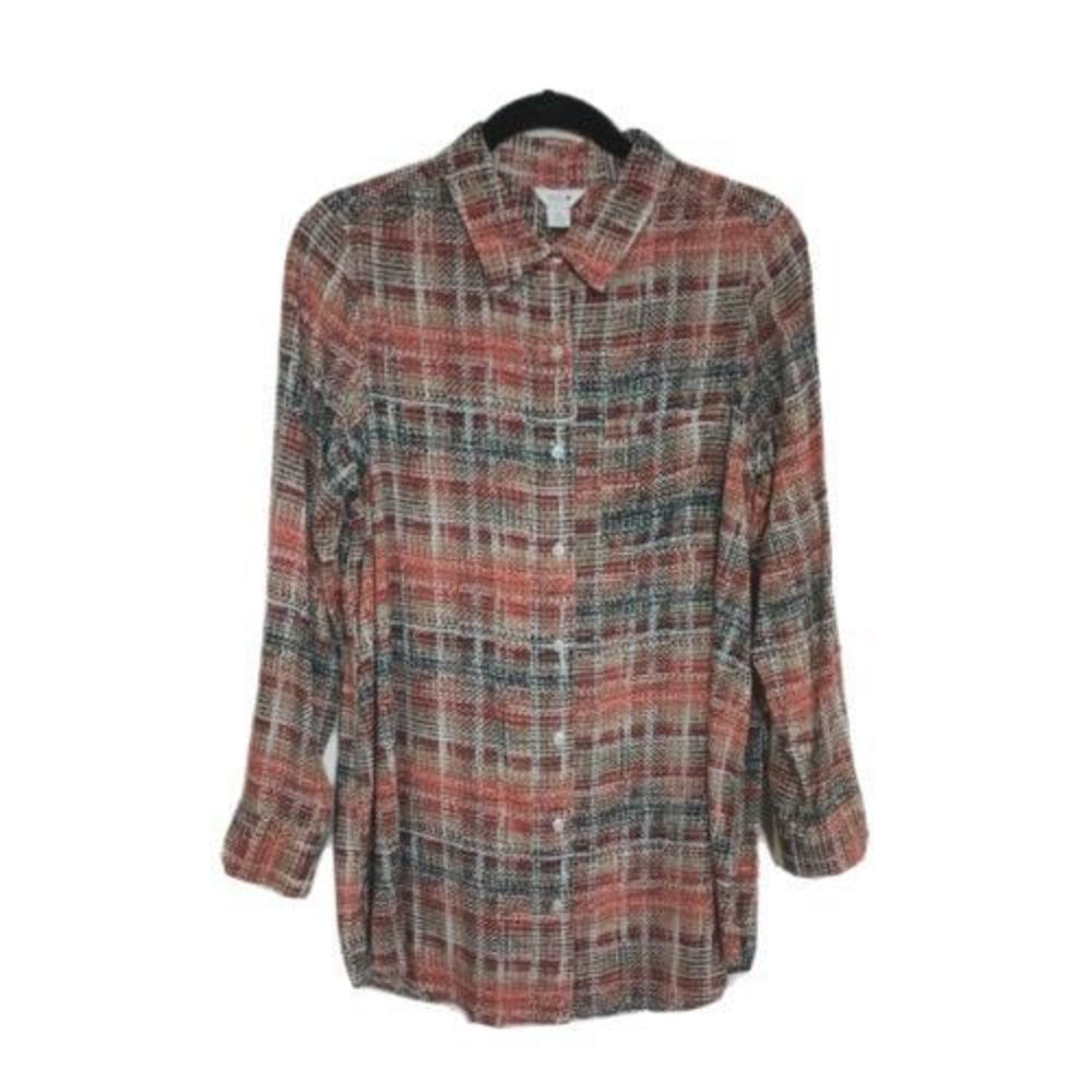 Intro Petites Womens Medium Roll Tab Button Front Top Autumn Abstract Brown